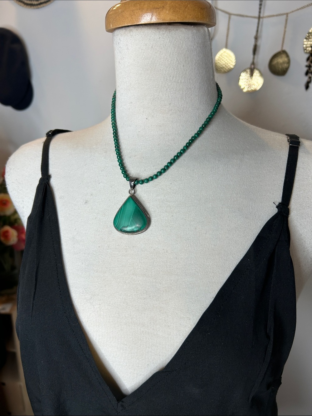 Malachite Beaded Necklace with Green Teardrop Pendant